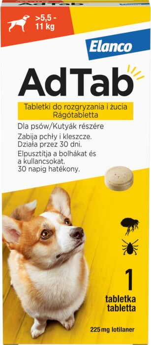 AdTab 225 mg comprimate masticabile pentru caini impotriva purecilor si a capuselor (5,5-11 kg) - 1 tableta