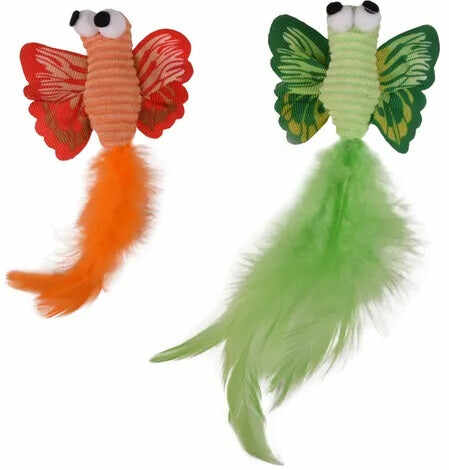 FLAMINGO Jucărie pt pisici Fluturaşi cu pene, verde/portocaliu, 17 cm, 2 buc/set